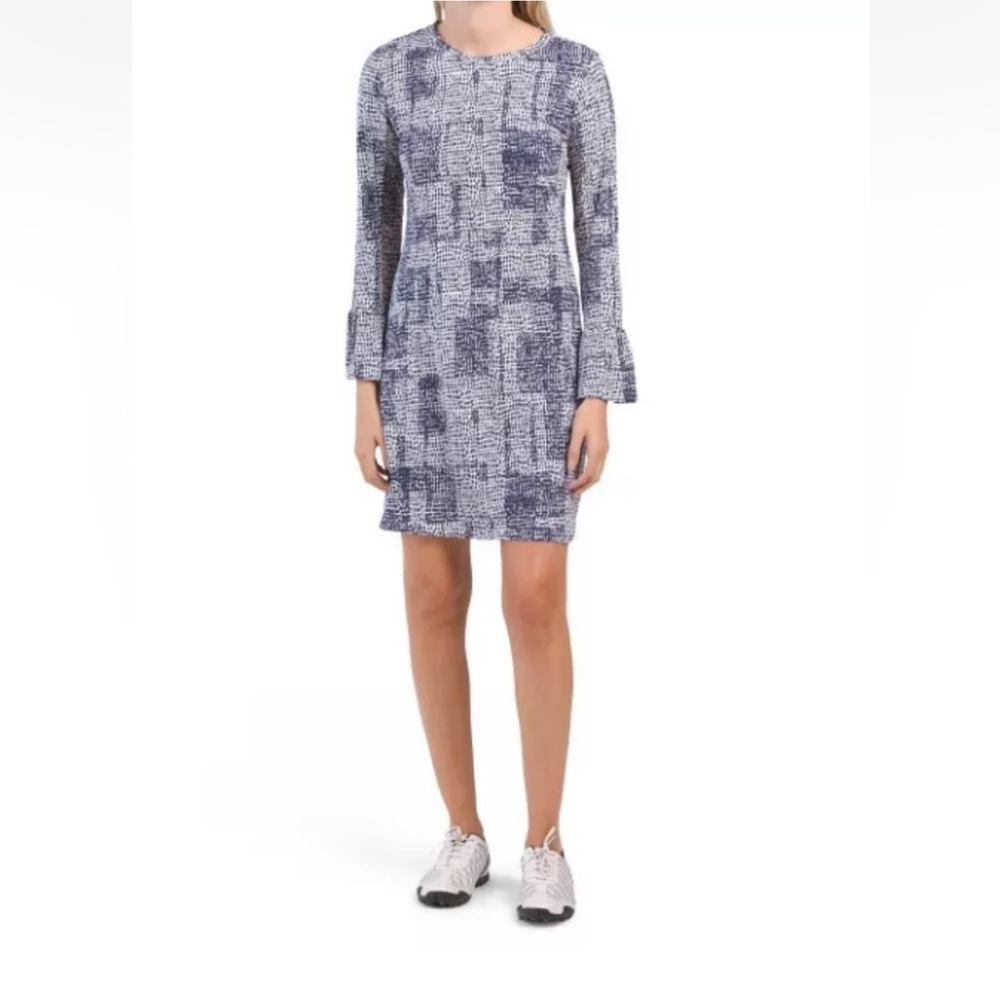 IBKUL LONG BELL SLEEVE CREW NECK DRESS DIANE NAVY/WHITE Small